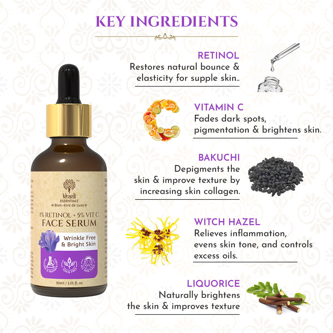 KHADI Retinol And Vitamin C Face Serum For Wrinkle Free, Glowing & Bright Skin , 30ml