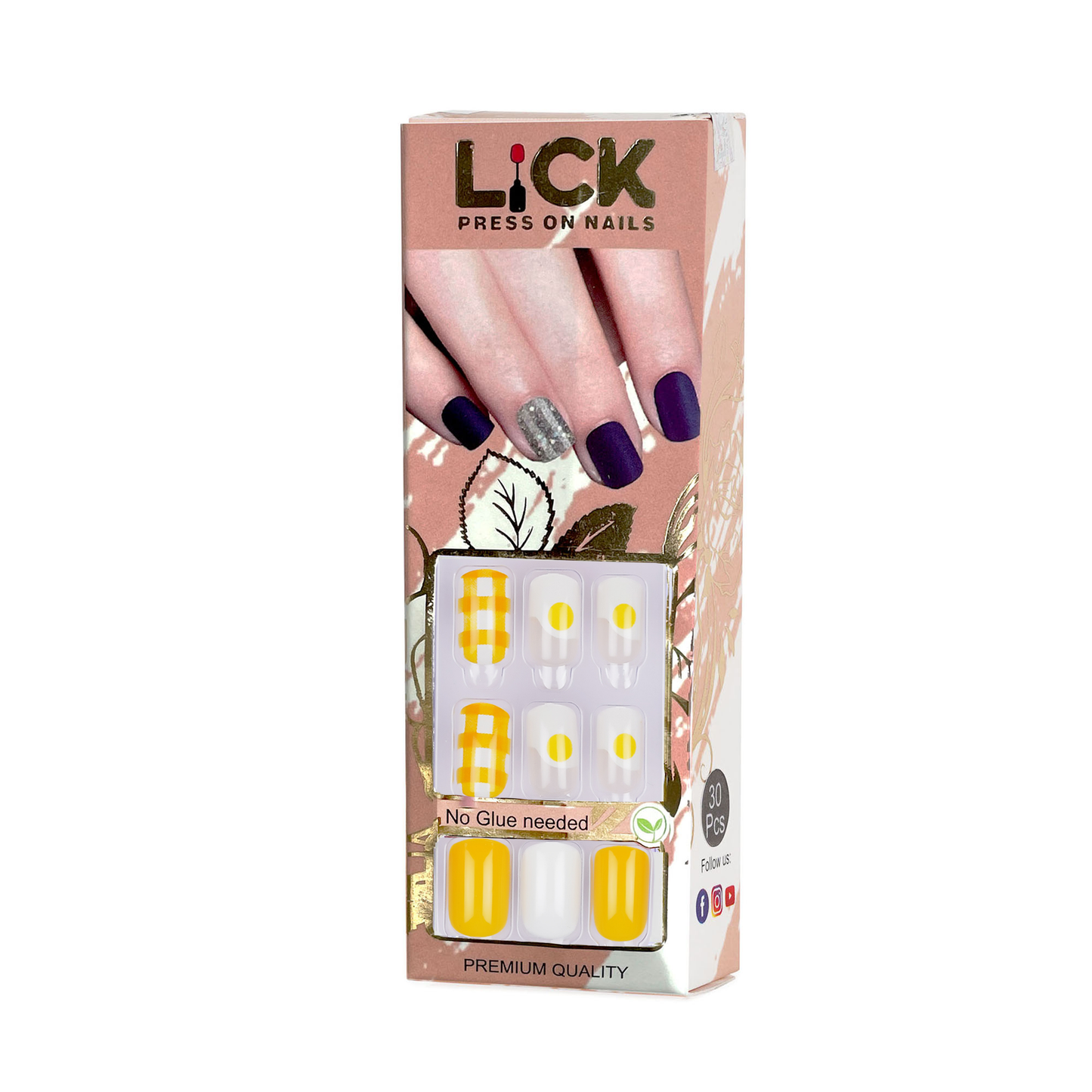 LICK NAILS Rubber Finish Yellow Printed & Glitter Press on Nails